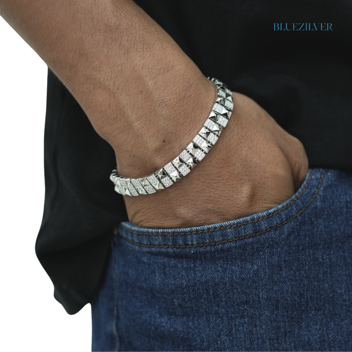 925 Sterling Silver CZ Pavé and Pyramid Square Link Bracelet for Men