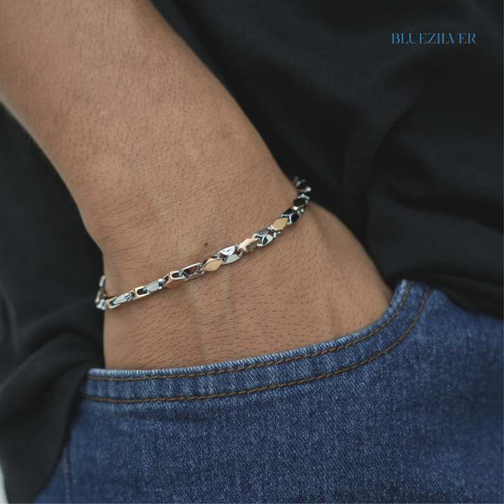 Men’s 925 Silver Dual‑Tone Lozenge Link Bracelet