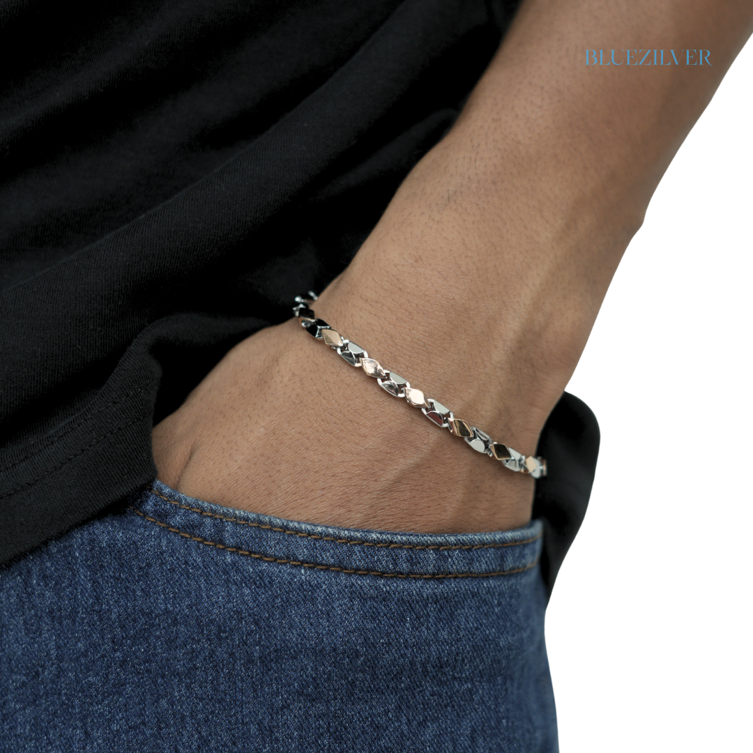 Men’s 925 Silver Dual‑Tone Lozenge Link Bracelet