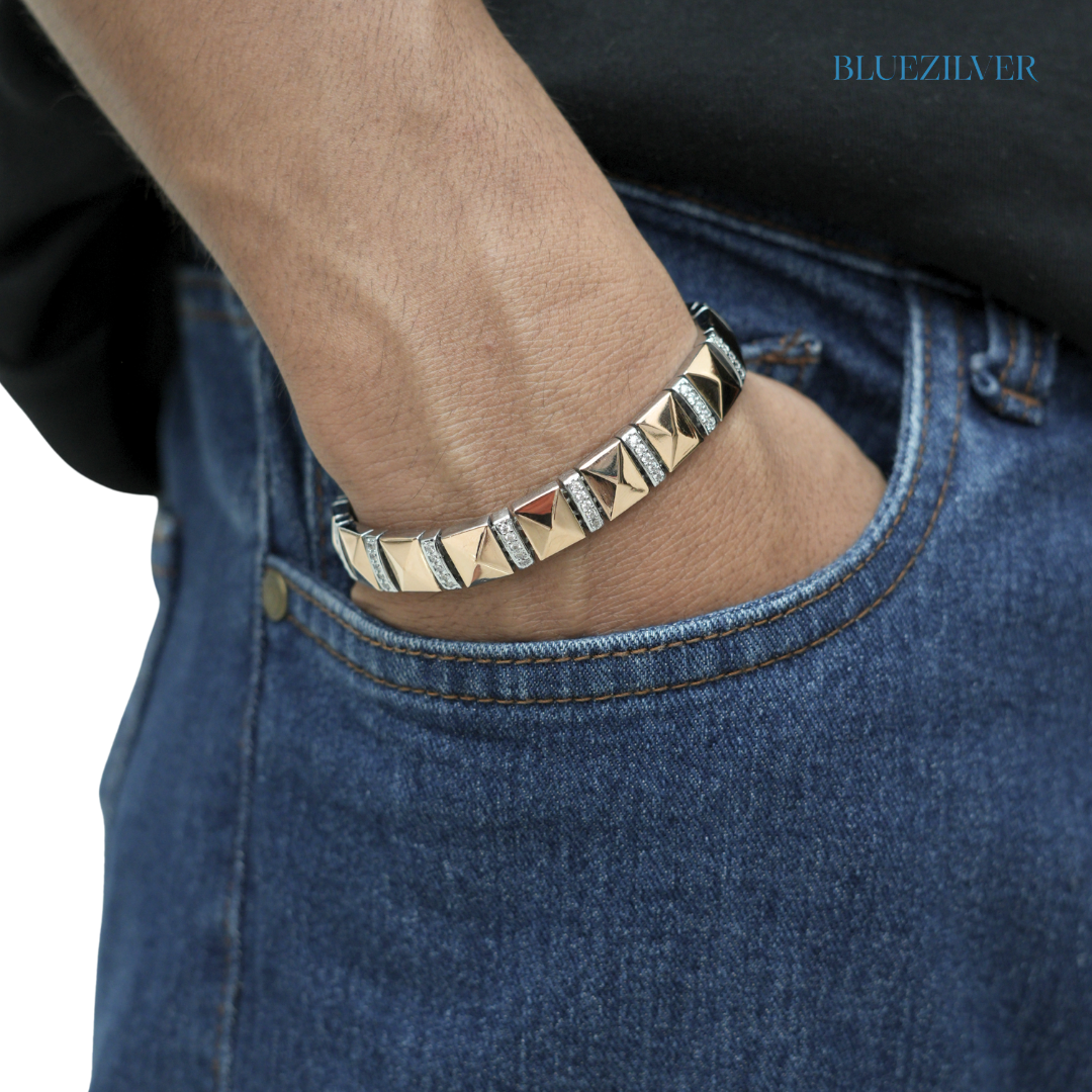 Men’s 925 Silver Pyramid Block Link Bracelet