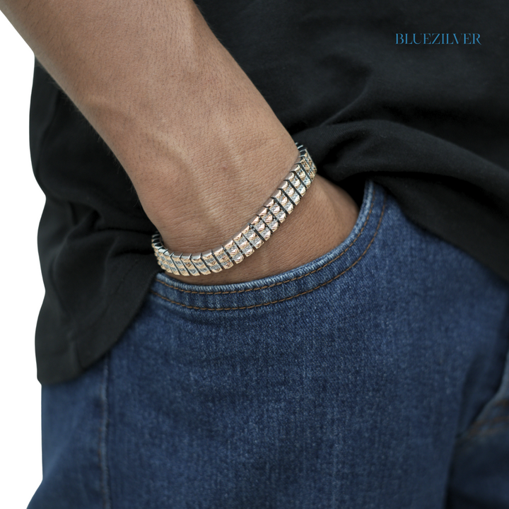 Men’s 925 Silver Dual‑Row Textured Bar Bracelet