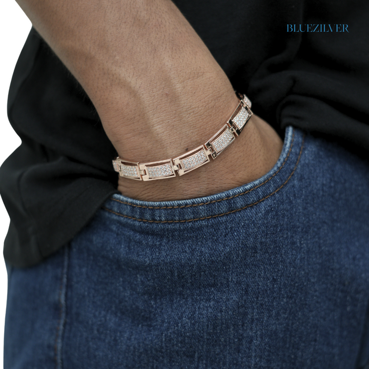 Men’s 925 Silver Rose‑Gold Curved Bar Pavé Bracelet