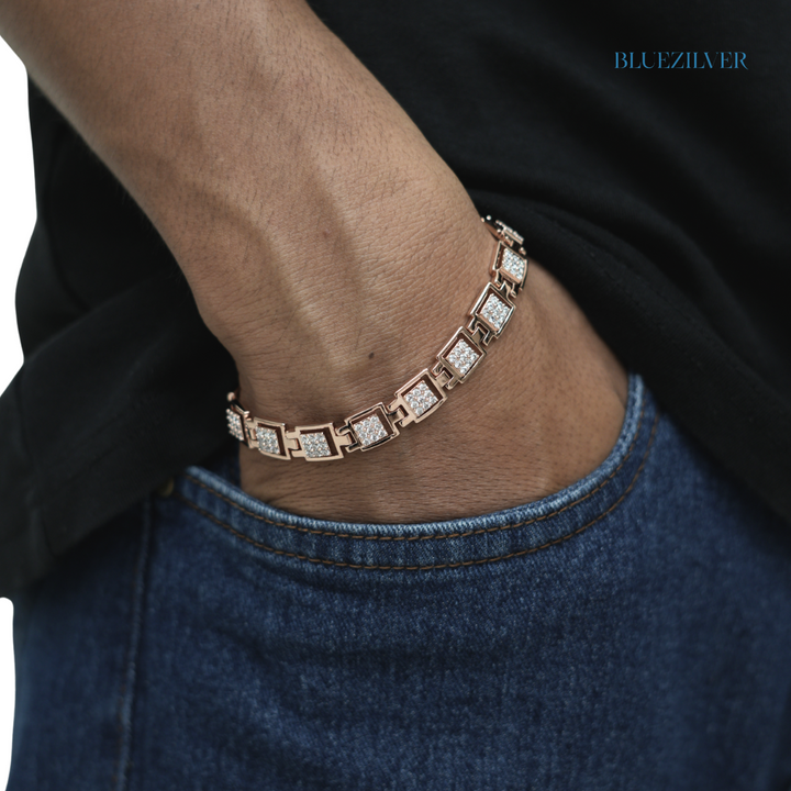 925 Sterling Silver Framed Square CZ Link Bracelet for Men