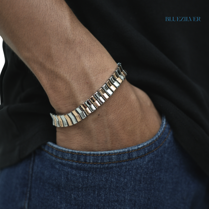 Men’s 925 Silver Dual‑Tone Curved Bar Panel Bracelet