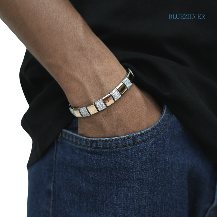 Men’s 925 Silver Dual‑Tone Pavé Block Link Bracelet
