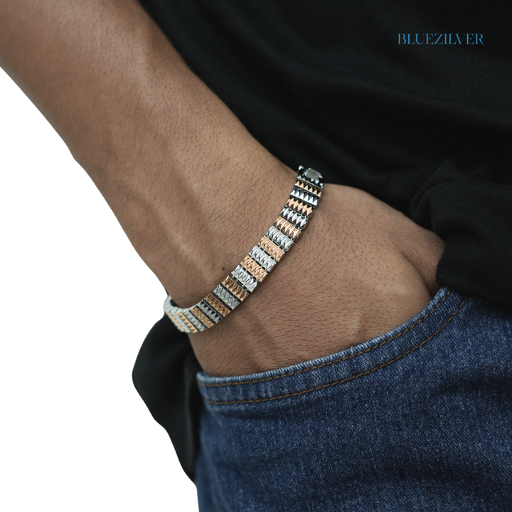 Men’s 925 Silver Geometric Pyramid Panel Bracelet