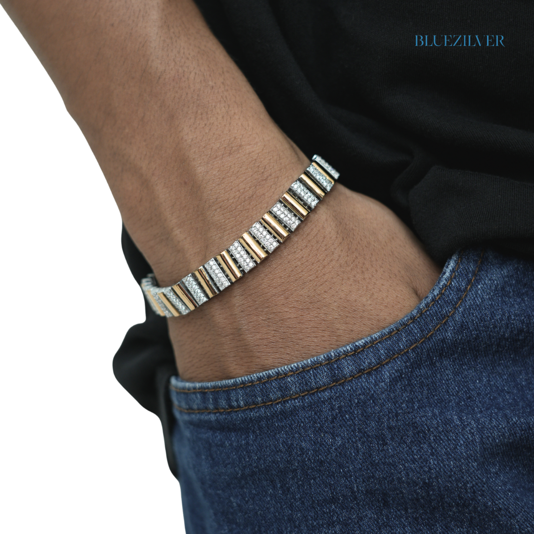 925 Silver Dual‑Tone Vertical Bar Pavé Bracelet