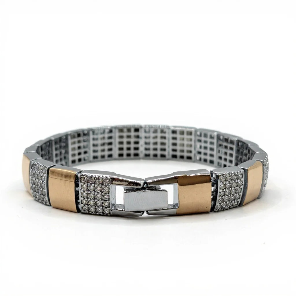 Men’s 925 Silver Dual‑Tone Pavé Block Link Bracelet