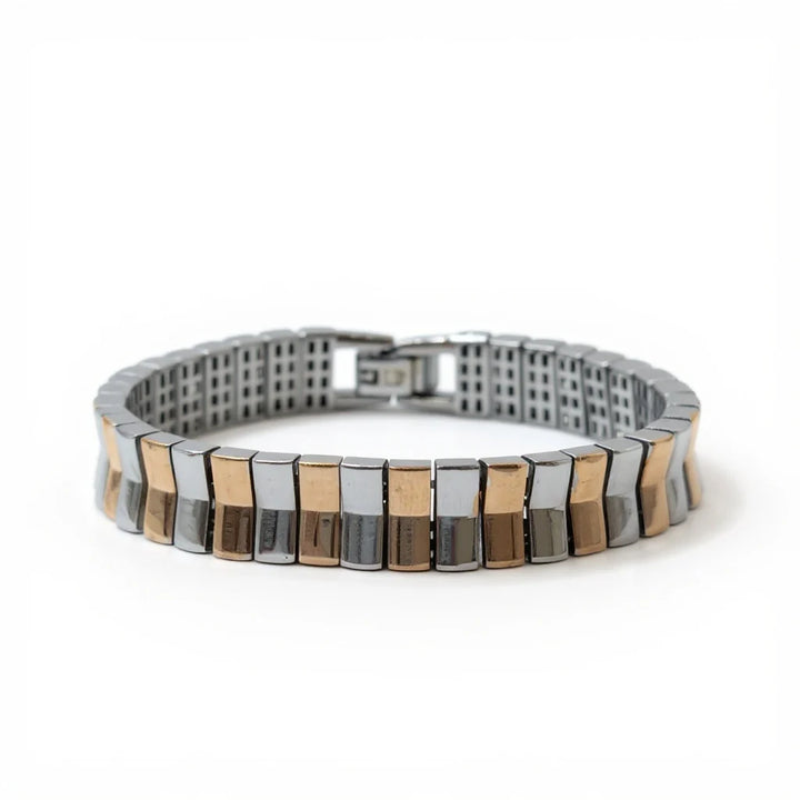 Men’s 925 Silver Dual‑Tone Curved Bar Panel Bracelet