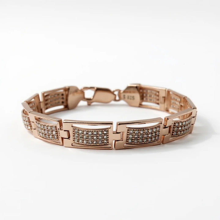 Men’s 925 Silver Rose‑Gold Curved Bar Pavé Bracelet