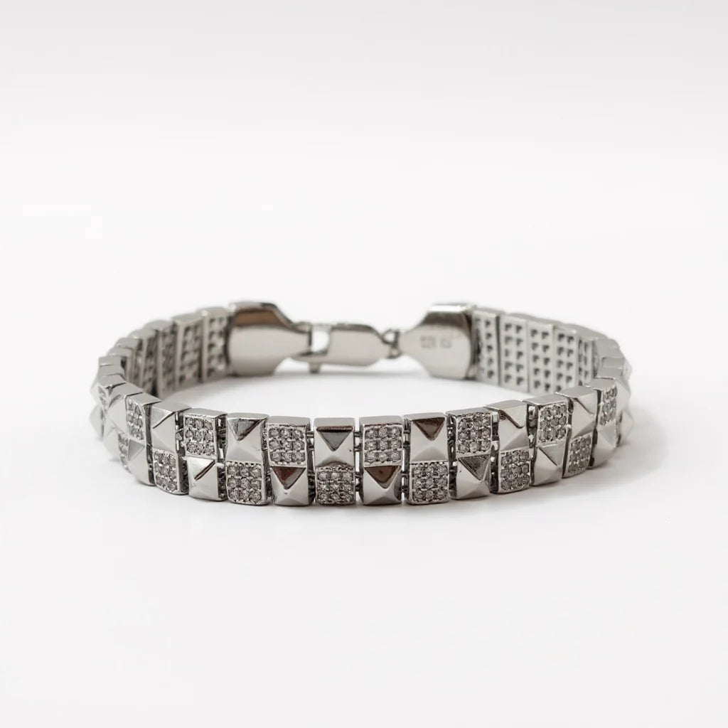 925 Sterling Silver CZ Pavé and Pyramid Square Link Bracelet for Men