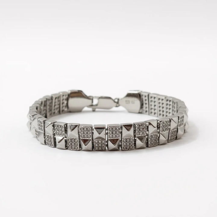 925 Sterling Silver CZ Pavé and Pyramid Square Link Bracelet for Men