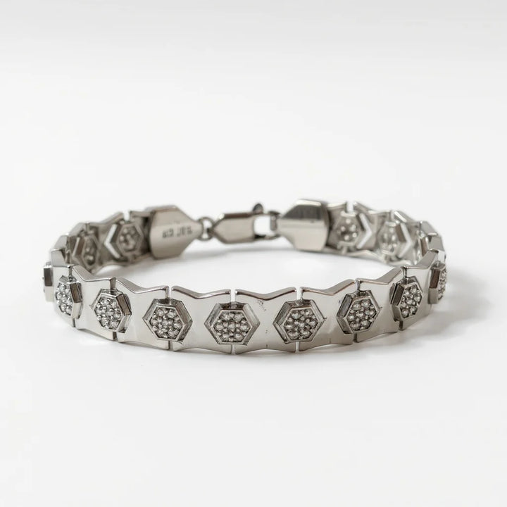 Modern Hex‑Link CZ Bracelet for Men in 925 Sterling Silver