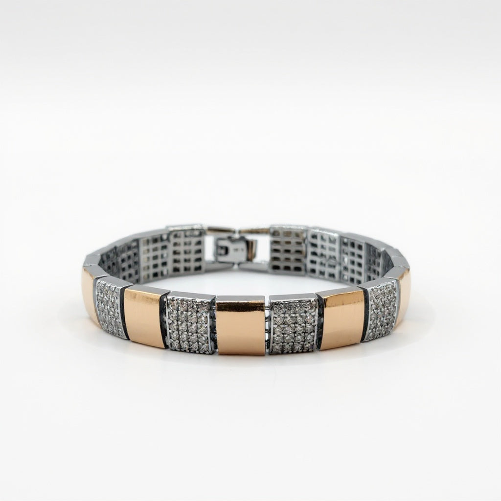 Men’s 925 Silver Dual‑Tone Pavé Block Link Bracelet