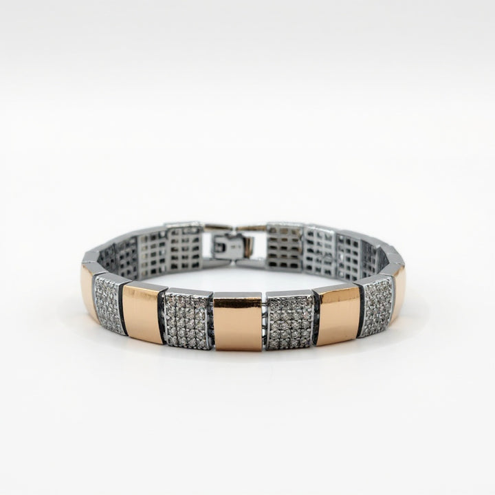 Men’s 925 Silver Dual‑Tone Pavé Block Link Bracelet